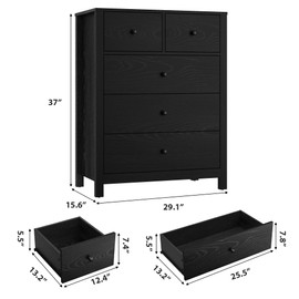 GarveeHome Black 5 Drawer Dresser for Bedroom, Modern Tall Dresser Organizer with Storage Drawers, Wooden Chests of Drawers for Bedroom, Entryway, Hallway, Home Office