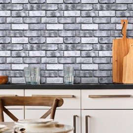 COMSTICKC 3D Faux Brick Wall Panels, Peel and Stick Brick Tiles,10 Pcs of 12"X12",Small Size Thin PVC Gray Fake Brick Self Adhesive Wall Covering Backsplash Kitchen Living Room Interior Decor