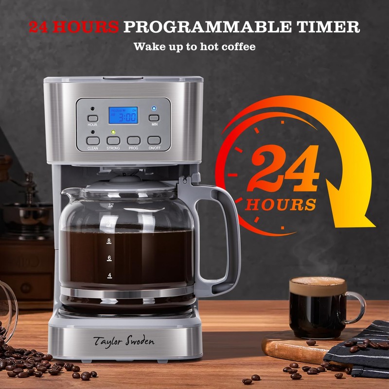 Taylor Swoden 12-Cup Programmable Coffee Maker, Regular & Strong Brew