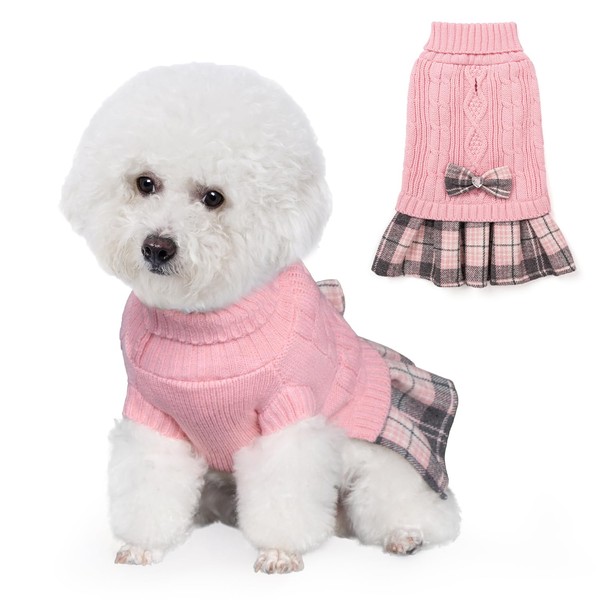 YUDODO Dog Sweater Dress for Small Dogs with Bowtie Turtleneck