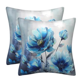 TIAODIAN Set of 2 Velvet Cushion Covers 45 x 45 cm Blue Floral Modern Home Art Decorative Throw Pillow Case 18x18 inches for Living Room Sofa Garden Outdoor Decor Cushions