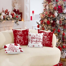 Miaikoe Christmas Cushion Covers, 40 x 40 cm, Set of 4, Christmas Decoration, Trees, Deer, Snowman, Merry Christmas, Decorative Holiday, Farmhouse Cushion Covers for Holiday Christmas Decoration (Red)