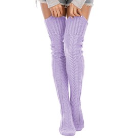 SherryDC Women's Cable Knit Thigh High Socks Winter Boot Stockings Extra Long Over Knee High Leg Warmers, Light Purple, One Size