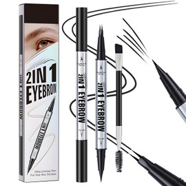 MOTIBACK 2-in-1 Dual-Ended Eyebrow Pen - Waterproof Microblading Brow Pencil with Fork Tip & Precision Brush for Natural 3D Brows(Black)
