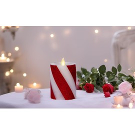 Luminara Candy Cane Flameless Moving Flame LED Candle (4.5-inch) Real Wax with Red Wide Glitter Stripe, Unscented, Timer, Remote Ready