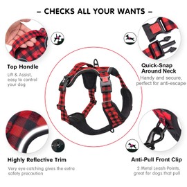 PoyPet No Pull Dog Harness, [Release at Neck] Reflective Adjustable No Choke Pet Vest with Front & Back 2 Leash Attachments, Soft Control Training Handle, Plaid(Checkered Red, S)