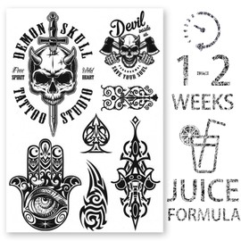AWAKEN Temporary Fake Juice Tattoos for Men Arm Semi Permanent Stickers Waterproof Plant-Based Lasts 1-2 Weeks Pack of 3 Sheets Skull Design (Design 24)