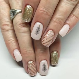 Christmas Press on Nails Medium Square Fake Nails Gold Glitter False Nails with Stripes Design Christmas Tree Glue on Nails Glossy Acrylic Full Cover White Stick on Nails for Women Manicure 24Pcs