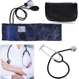 Manual Blood Pressure Cuff and Stethoscope Kit, Professional Upper Arm Aneroid Blood Pressure Monitor with Single Head Stethoscope, Adult Cuff, Pump Ball, Carry Bag for Home, Black