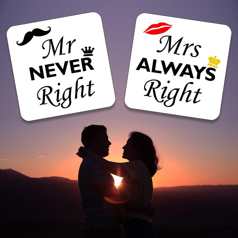 Mrs Always Right and Mr Never Right Drinks Coasters. Set