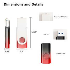 128GB USB 3.0 Flash Drives Red Black Gradient Color USB Memory Stick Wholesale Bulk Swivel Design Thumb Drive for Data Storage (Red Black)