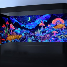 Dtekoj 48X18IN Blacklight Mushroom Flower Black Light Aquarium Background, UV Fish Tank Background Moonlight Mountain Forest Landscape Terrarium Background with 10 EVA Double-Sided Tape