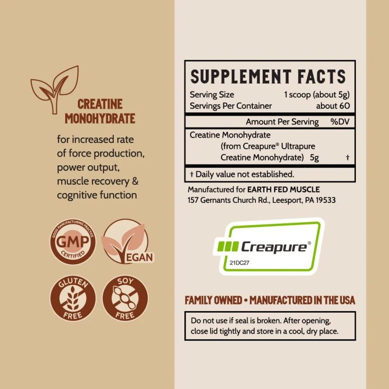 Earth Fed Muscle Creatina Monohidrato Creapure 60 Porciones