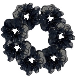 7 Pcs Silky Dance Cheer Polka Dot Fluffy Mesh Hair Scrunchies For Thick Hair Performance/Sports/Party/Gymnastics Scrunchie Ponytail Holder Wrist for Girls Show (Black)