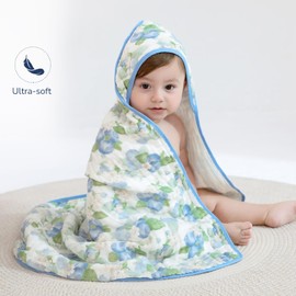 usbettas Muslin Baby Hooded Towel - 2 Pack Baby Towels, Ultra-Soft & Absorbent Bath Towel with Original Design, for Newborn & Infant (Floral & Blueberry, 32" x 32")