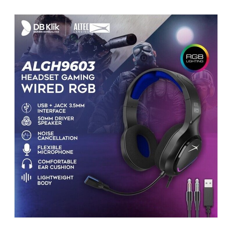 Altec Lansing ALGH9603/led wired gaming headset, (BLACK w/LED), NEW