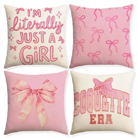 Colingmill Pink Coquette Bow Pillow Covers 18 x 18 Inch Set of 4 Preppy Pink Bow Pillow Cover Coquette Room Decor I'm Literally Just a Girl Pillow Case for Girly Sofa Couch Bedroom Decor