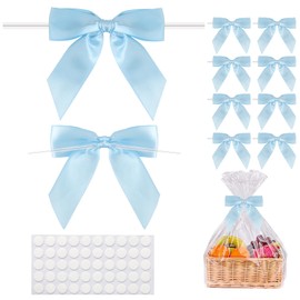 50Pcs Light Blue Twist Tie Bows, 3.5'' Pre-Tied Satin Ribbon Small Light Blue Bows for Gift Wrapping Treat Bags Crafts, Mini Light Blue Bow Garland for Wedding Birthday Party Bridal Shower Christmas