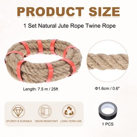 MECCANIXITY Jute Rope 0.6 Inch x 25ft, Heavy Natural Thick Twisted Rope with Black Tape for Crafts Railing Docks Tug of War Swing Nautical Landscaping