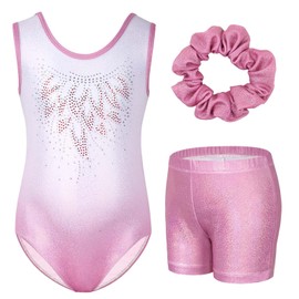 Gogokids Girls' Three-Piece Gymnastics Set, Sleeveless Leotards with Shorts and Hairband, Sparkling Ballet Dancing Unitards - Gymnastics Outfit with Gradient Color Design for 5-6 Years