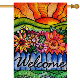 Covido Home Decorative Welcome Summer Fall House Flag, Sunshine Watercolor Flowers Garden Yard Lawn Farmhouse Outside Decorations, Autumn Seasonal Outdoor Large Spring Burlap Decor Double Sided 28x40