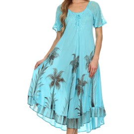 Sakkas 14610New - Kai Palm Tree Caftan Tank Dress/Cover Up - Turquoise - One Size Regular
