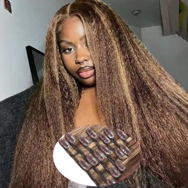 Clip in Hair Extensions Kinky Human Hair 110g 100% Remy Human Hair Clip on Extensions 8pcs 18 Inch Soft Hair for Fashion Women 18Clips/Set Chocolate Brown to Honey Blonde Hair Extensions (#P427)