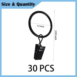 Tehttz 30Pcs 1.5 Inch Curtain Rings with Clips, Curtain Hooks Metal Solid Curtain Clips with Rings Hangers Drapes Rings Decorative Curtain Clip Rings for Room, Bathroom, Window (Black)