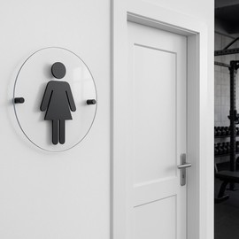 Coastville Acrylic Clear Bathroom Signs (Female) Restroom Sign for Business | 9x9" Transparent Modern Design with Matte Black Acrylic Icons