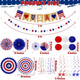 26 PCS 4th of July Decorations, 250th Memorial Day Red White Blue Paper Fans Decorations, 4th of July Banner Pompom Garland and Hanging Swirls Set for Fourth of July Independence Day Decor
