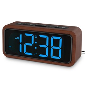 Netzu Wooden Alarm Clock, Loud Digital Clock with 5 Volumes, 12 Ringtones, Manual DST, Snooze Plug-in Alarm Clock for Heavy Sleepers Bedroom Bedside Living Room Office Wood Decor (Blue)