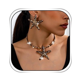 Dmaiy Leopard Print Starfish Necklace Earring Set Gold Statement Choker Sets Boho Chunky Necklace Ocean Earrings for Women