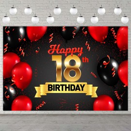 Happy 18th Birthday Red and Black Banner Backdrop Background Balloons Cheers to 18 Years Old Bady Theme Decor Decorations for Girls Boys Happy 18 Birthday Party Supplies Favors Photo Booth Props