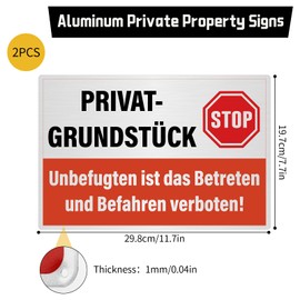2 Stück Privatgrundstück Schilder,20 x 30 cm Privatgrundstück Betreten und Befahren Verboten Schild,Reflective Aluminum Schild Privatgrundstück mit Selbstklebend und Bohrlöcher