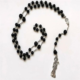 925 Sterling Silver La Santa Muerte Rosary Necklace - Satanic & Holy Saint Death Pendant Necklace For Women & Men