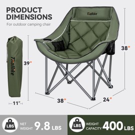 Oversized Camping Chair, Portable Folding Padded Camping Chairs with Cup Holder and Carry Bag, Heavy Duty Outdoor Camping Chairs for Adults, Up to 400Lb, for Fishing Sports (Green-2 Pack)