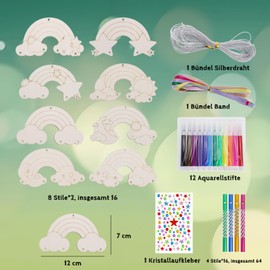 showll Pack of 16 Craft Set for Children with Rainbow Wind Chimes Made of Wood for Painting for Boys and Girls, Ideal for Children's Birthdays and Creative Craft Lessons