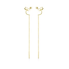 Sterling Silver Linked Stars CZ Chain Drop Pull Through Threader Earrings (18K Gold)