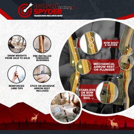 Spyder Takedown Recurve Bow - Hunting & Target Bow - Fast, Accurate, Versatile - Handcrafted Riser - Fiber Glass Maple Limbs - 62" Right Hand, 55lb with Stringer Tool