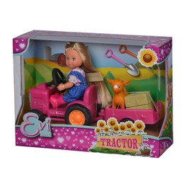 Simba Evi Love Tractor, 105733518 Doll on her Tractor with Trailer, Animal, Hay Bale, Shovel and Pitchfork, 12 cm, Suitable for Children from 3 Years