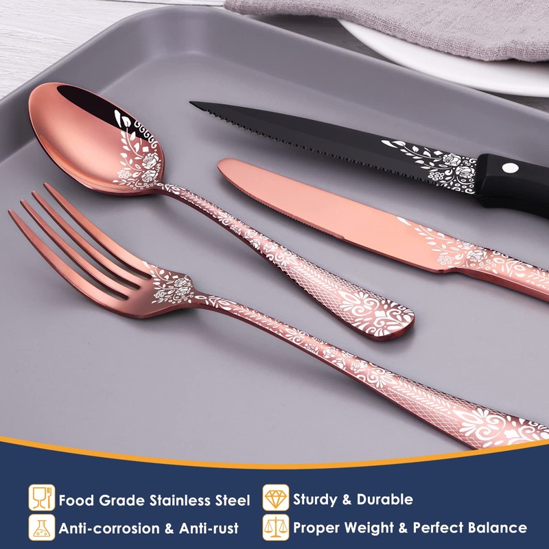 EUIRIO 72-Piece Copper Silverware Set with Steak Knives,Rose Gold Flatware