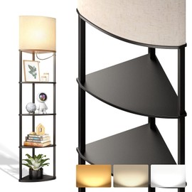 addlon Floor Lamp with Shelves, 5-Tier Adjustable Corner Lamp with 3 Color Temperatures & Linen Shade, Modern Floor Lamps for Living Room, Home Office & Bedroom (E26 LED Bulb Included, 800lm) - Black