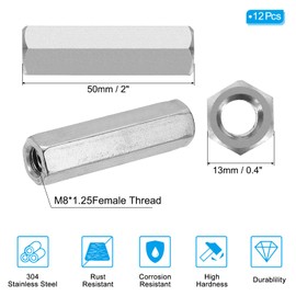 PATIKIL M8 x 1.25-Pitch 304 Stainless Steel Hex Coupling Nuts, 12Pcs 50mm/ 2" Length Coarse Fully Threaded Rod Coupling Nut Studding Connector Fasteners, Silver Tone