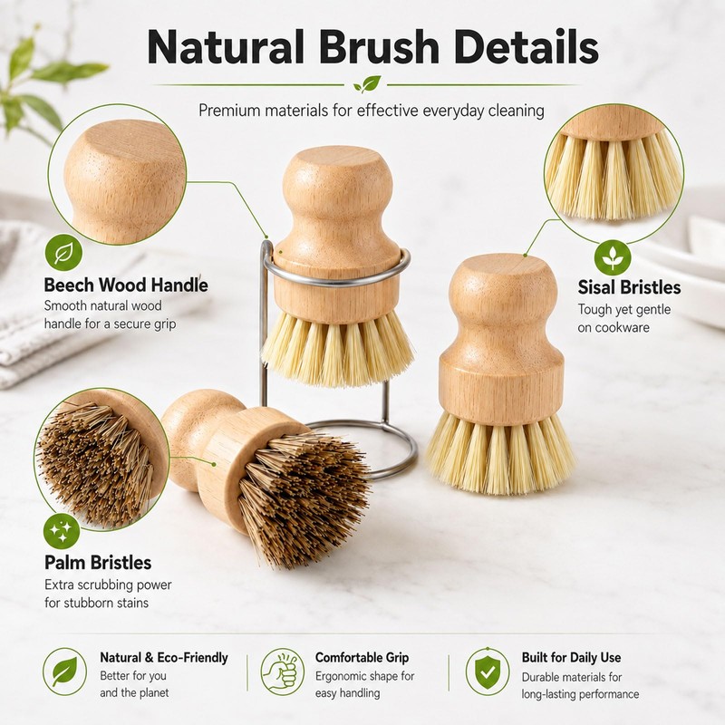 Ruispeed Bamboo Dish Brush Set 4Pcs With Holder Kitchen Cleaning