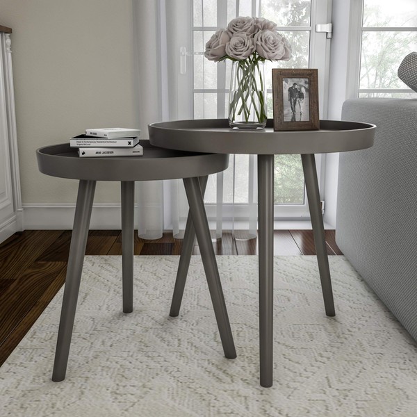 Lavish Home Nesting End Set of 2 Round Mid-Century Modern Accent Table, Gray