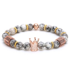 SEVENSTONE 8mm Crown King Charm Bracelet for Men Women Black Matte Onyx Stone Beads, 7.5" (Gray)
