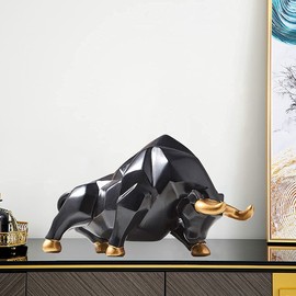 Bull Statue Abstract Bull Sculpture Resin Wolf Figurine Animal Wildlife Ornaments for Living Room Bedroom Office Cabinets - Black S Head Down