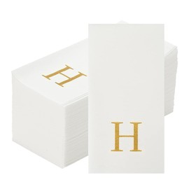 Restaurantware Luxenap 15.8 X 7.9 Inch Linen-Feel Guest Towels 50 Lettered Hand Towels - Gold Letter 'H' Sans Serif Font White Paper Dinner Napkins airlaid For Restrooms And Tables