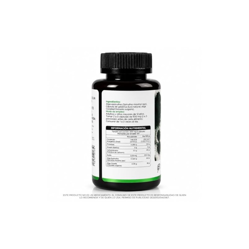 PACALLI Espirulina 500mg - 120 Cápsulas - Suplemento