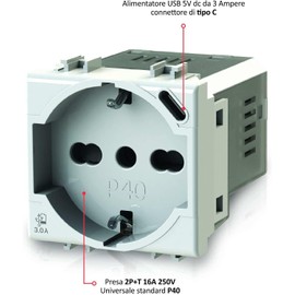 4box - P40 female and Vimar® Plana™ compatible USB power supply with 3A and 15W USB power supply. 1 Type-C port, integrated into only 2 modules for simultaneous use and charging speed